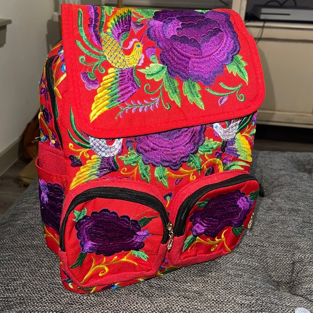 Red embroidered backpack from Mexico